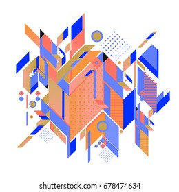 Trendy geometrical vector illustration with elements and abstract colorful textures. Design for summer holiday poster, card, brochure, and promotion template. Fashion art print and background.