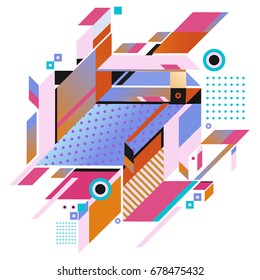 Trendy geometrical vector illustration with elements and abstract colorful textures. Design for summer holiday poster, card, brochure, and promotion template. Fashion art print and background.