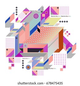 Trendy geometrical vector illustration with elements and abstract colorful textures. Design for summer holiday poster, card, brochure, and promotion template. Fashion art print and background.