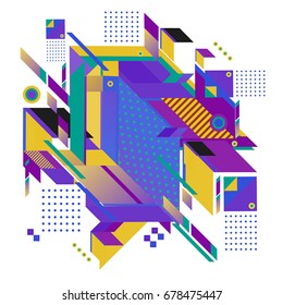 Trendy geometrical vector illustration with elements and abstract colorful textures. Design for summer holiday poster, card, brochure, and promotion template. Fashion art print and background.