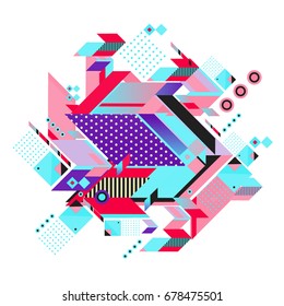 Trendy geometrical vector illustration with elements and abstract colorful textures. Design for summer holiday poster, card, brochure, and promotion template. Fashion art print and background.