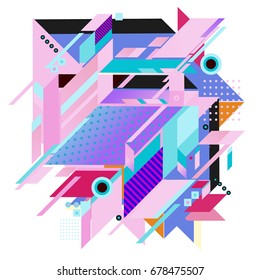 Trendy geometrical vector illustration with elements and abstract colorful textures. Design for summer holiday poster, card, brochure, and promotion template. Fashion art print and background.