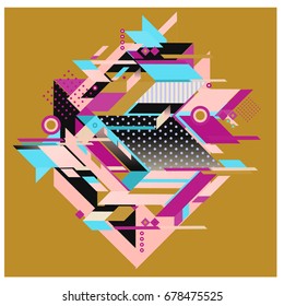 Trendy geometrical vector illustration with elements and abstract colorful textures. Design for summer holiday poster, card, brochure, and promotion template. Fashion art print and background.