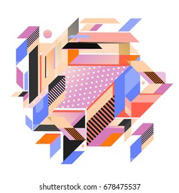 Trendy geometrical vector illustration with elements and abstract colorful textures. Design for summer holiday poster, card, brochure, and promotion template. Fashion art print and background.