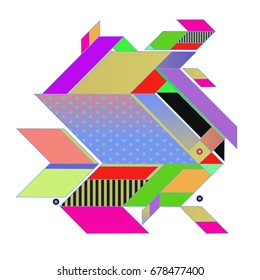 Trendy geometrical vector illustration with elements and abstract colorful textures. Design for summer holiday poster, card, brochure, and promotion template. Fashion art print and background.