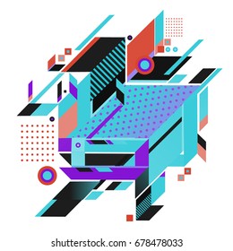 Trendy geometrical vector illustration with elements and abstract colorful textures. Design for summer holiday poster, card, brochure, and promotion template. Fashion art print and background.