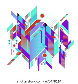 Trendy geometrical vector illustration with elements and abstract colorful textures. Design for summer holiday poster, card, brochure, and promotion template. Fashion art print and background.