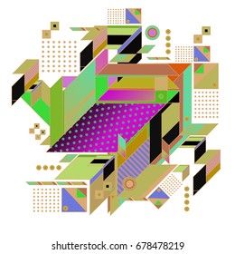 Trendy geometrical vector illustration with elements and abstract colorful textures. Design for summer holiday poster, card, brochure, and promotion template. Fashion art print and background.