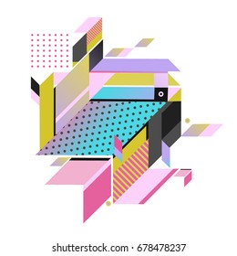Trendy geometrical vector illustration with elements and abstract colorful textures. Design for summer holiday poster, card, brochure, and promotion template. Fashion art print and background.