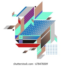 Trendy geometrical vector illustration with elements and abstract colorful textures. Design for summer holiday poster, card, brochure, and promotion template. Fashion art print and background.