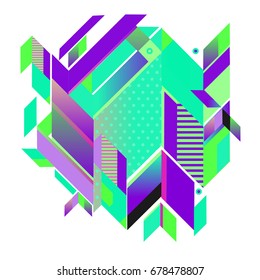 Trendy geometrical vector illustration with elements and abstract colorful textures. Design for summer holiday poster, card, brochure, and promotion template. Fashion art print and background.