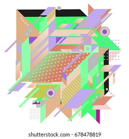 Trendy geometrical vector illustration with elements and abstract colorful textures. Design for summer holiday poster, card, brochure, and promotion template. Fashion art print and background.