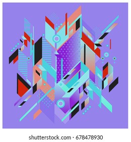 Trendy geometrical vector illustration with elements and abstract colorful textures. Design for summer holiday poster, card, brochure, and promotion template. Fashion art print and background.