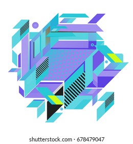 Trendy geometrical vector illustration with elements and abstract colorful textures. Design for summer holiday poster, card, brochure, and promotion template. Fashion art print and background.