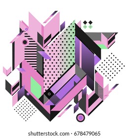 Trendy geometrical vector illustration with elements and abstract colorful textures. Design for summer holiday poster, card, brochure, and promotion template. Fashion art print and background.