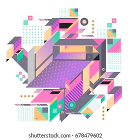 Trendy geometrical vector illustration with elements and abstract colorful textures. Design for summer holiday poster, card, brochure, and promotion template. Fashion art print and background.