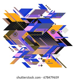 Trendy geometrical vector illustration with elements and abstract colorful textures. Design for summer holiday poster, card, brochure, and promotion template. Fashion art print and background.