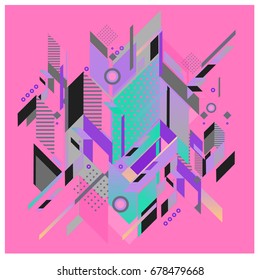 Trendy geometrical vector illustration with elements and abstract colorful textures. Design for summer holiday poster, card, brochure, and promotion template. Fashion art print and background.