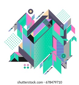 Trendy geometrical vector illustration with elements and abstract colorful textures. Design for summer holiday poster, card, brochure, and promotion template. Fashion art print and background.