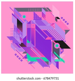 Trendy geometrical vector illustration with elements and abstract colorful textures. Design for summer holiday poster, card, brochure, and promotion template. Fashion art print and background.