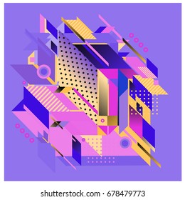 Trendy geometrical vector illustration with elements and abstract colorful textures. Design for summer holiday poster, card, brochure, and promotion template. Fashion art print and background.