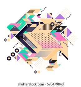 Trendy geometrical vector illustration with elements and abstract colorful textures. Design for summer holiday poster, card, brochure, and promotion template. Fashion art print and background.