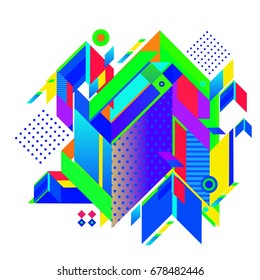 Trendy geometrical vector illustration with elements and abstract colorful textures. Design for summer holiday poster, card, brochure, and promotion template. Fashion art print and background.
