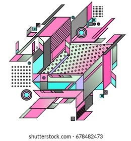 Trendy geometrical vector illustration with elements and abstract colorful textures. Design for summer holiday poster, card, brochure, and promotion template. Fashion art print and background.