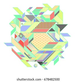 Trendy geometrical vector illustration with elements and abstract colorful textures. Design for summer holiday poster, card, brochure, and promotion template. Fashion art print and background.
