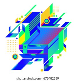 Trendy geometrical vector illustration with elements and abstract colorful textures. Design for summer holiday poster, card, brochure, and promotion template. Fashion art print and background.