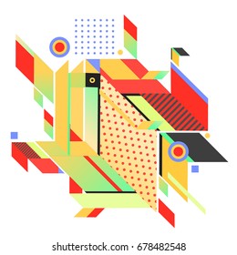 Trendy geometrical vector illustration with elements and abstract colorful textures. Design for summer holiday poster, card, brochure, and promotion template. Fashion art print and background.