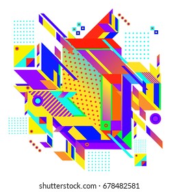 Trendy geometrical vector illustration with elements and abstract colorful textures. Design for summer holiday poster, card, brochure, and promotion template. Fashion art print and background.