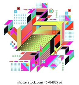 Trendy geometrical vector illustration with elements and abstract colorful textures. Design for summer holiday poster, card, brochure, and promotion template. Fashion art print and background.