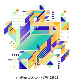 Trendy geometrical vector illustration with elements and abstract colorful textures. Design for summer holiday poster, card, brochure, and promotion template. Fashion art print and background.