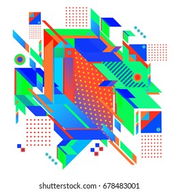 Trendy geometrical vector illustration with elements and abstract colorful textures. Design for summer holiday poster, card, brochure, and promotion template. Fashion art print and background.