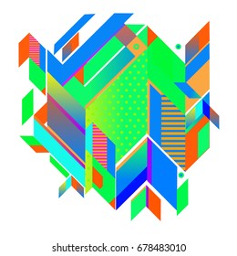 Trendy geometrical vector illustration with elements and abstract colorful textures. Design for summer holiday poster, card, brochure, and promotion template. Fashion art print and background.