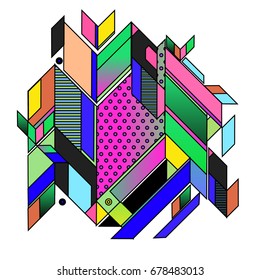 Trendy geometrical vector illustration with elements and abstract colorful textures. Design for summer holiday poster, card, brochure, and promotion template. Fashion art print and background.