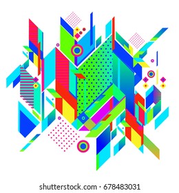 Trendy geometrical vector illustration with elements and abstract colorful textures. Design for summer holiday poster, card, brochure, and promotion template. Fashion art print and background.