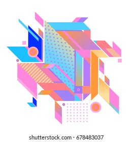 Trendy geometrical vector illustration with elements and abstract colorful textures. Design for summer holiday poster, card, brochure, and promotion template. Fashion art print and background.