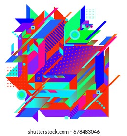 Trendy geometrical vector illustration with elements and abstract colorful textures. Design for summer holiday poster, card, brochure, and promotion template. Fashion art print and background.
