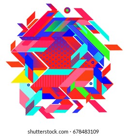 Trendy geometrical vector illustration with elements and abstract colorful textures. Design for summer holiday poster, card, brochure, and promotion template. Fashion art print and background.