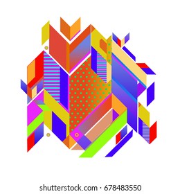 Trendy geometrical vector illustration with elements and abstract colorful textures. Design for summer holiday poster, card, brochure, and promotion template. Fashion art print and background.