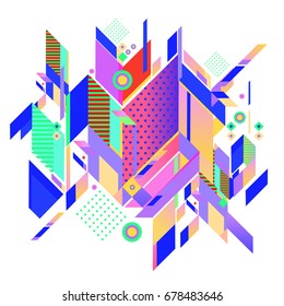 Trendy geometrical vector illustration with elements and abstract colorful textures. Design for summer holiday poster, card, brochure, and promotion template. Fashion art print and background.