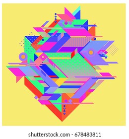 Trendy geometrical vector illustration with elements and abstract colorful textures. Design for summer holiday poster, card, brochure, and promotion template. Fashion art print and background.