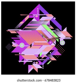 Trendy geometrical vector illustration with elements and abstract colorful textures. Design for summer holiday poster, card, brochure, and promotion template. Fashion art print and background.