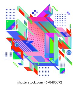 Trendy geometrical vector illustration with elements and abstract colorful textures. Design for summer holiday poster, card, brochure, and promotion template. Fashion art print and background.