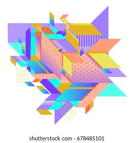 Trendy geometrical vector illustration with elements and abstract colorful textures. Design for summer holiday poster, card, brochure, and promotion template. Fashion art print and background.
