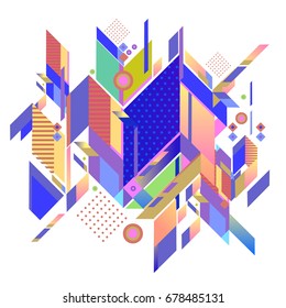 Trendy geometrical vector illustration with elements and abstract colorful textures. Design for summer holiday poster, card, brochure, and promotion template. Fashion art print and background.