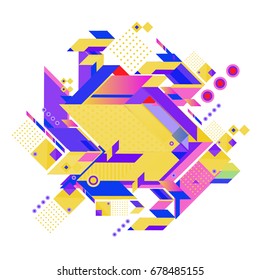 Trendy geometrical vector illustration with elements and abstract colorful textures. Design for summer holiday poster, card, brochure, and promotion template. Fashion art print and background.