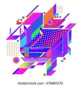 Trendy geometrical vector illustration with elements and abstract colorful textures. Design for summer holiday poster, card, brochure, and promotion template. Fashion art print and background.